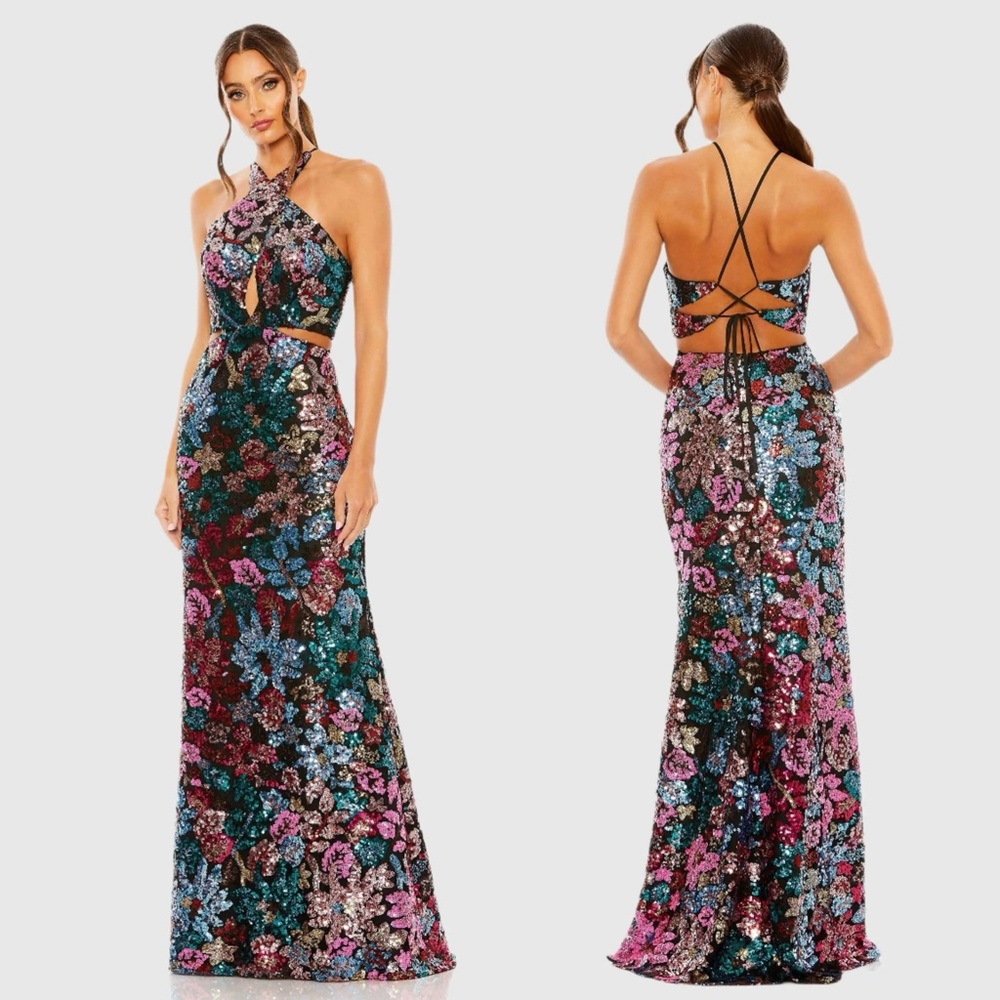Mac Duggal Multicolor Sequin Floral Maxi Dress
